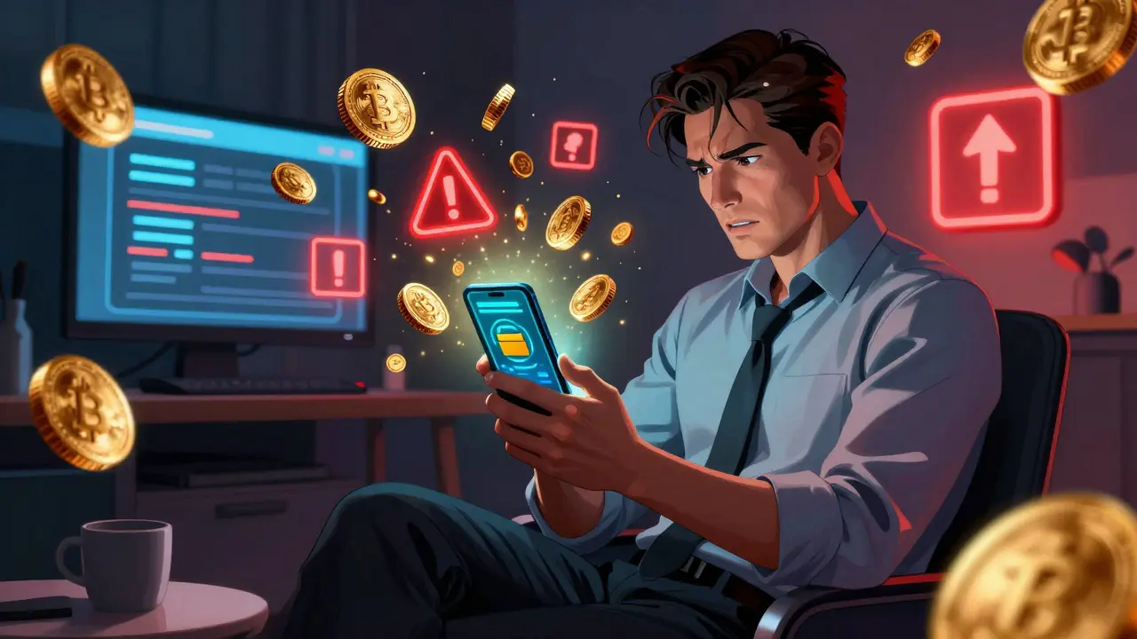 Investor holding phone with floating coins and warning symbols.