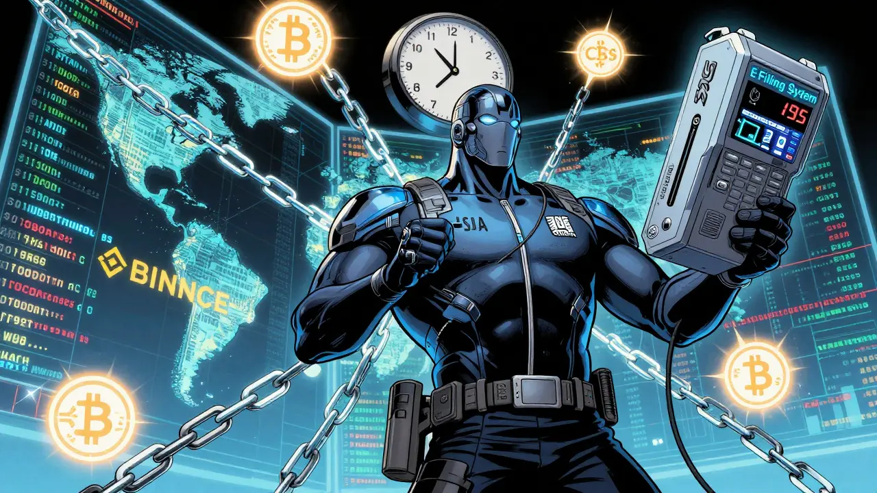 IRS agent scanning global crypto data streams with FATCA and CRS symbols, under a ticking clock toward 2025.
