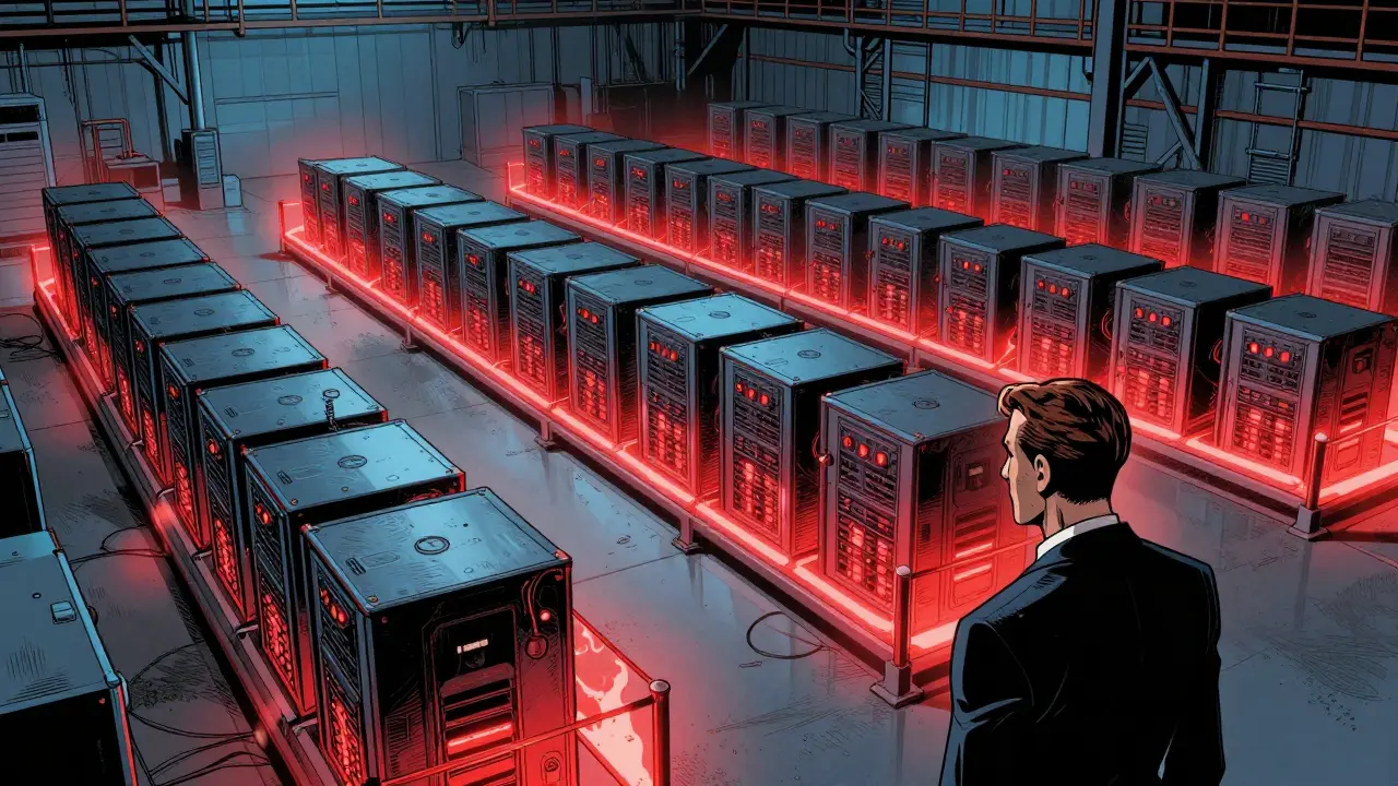 Mining rigs in warehouse with red energy barriers indicating bans.