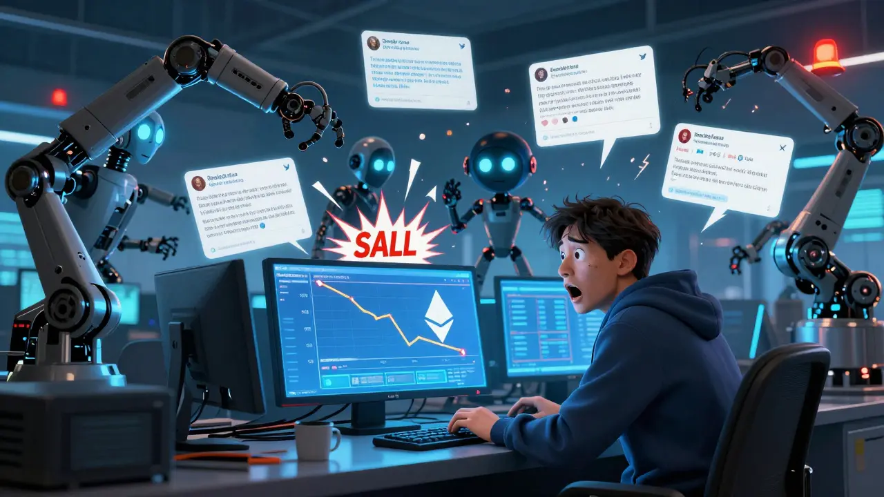Robotic trading algorithms and a shocked retail trader in a hoodie surrounded by explosive social media tweets and monitor glow at 3 a.m.