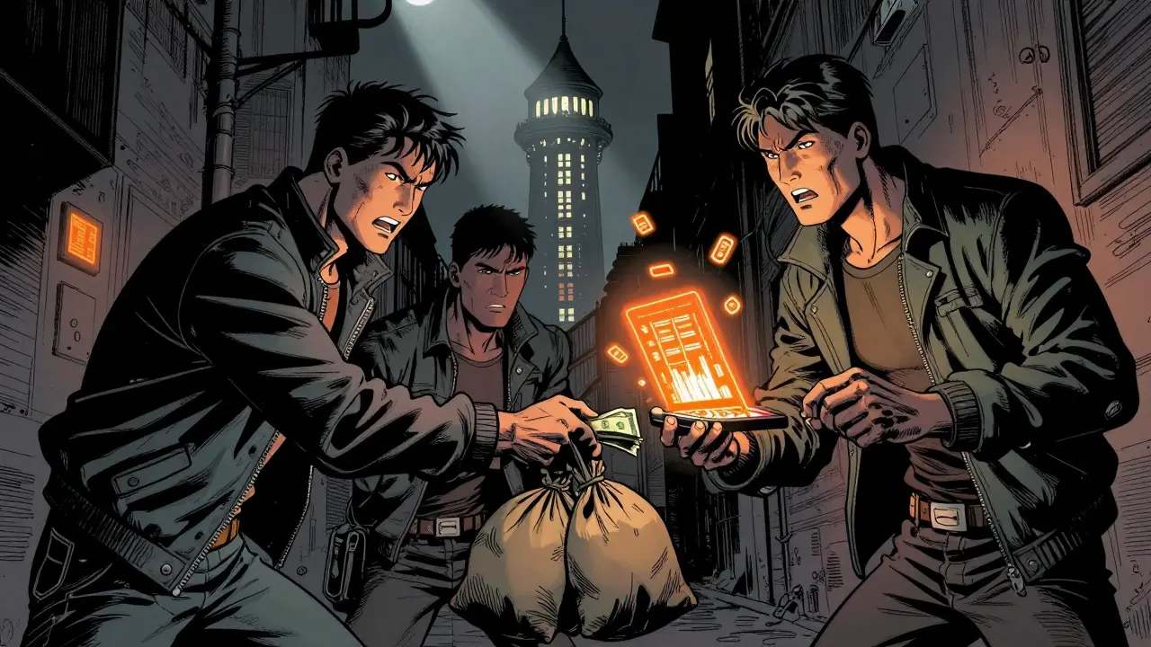 Shadowy comic scene of two people exchanging cash for digital money.