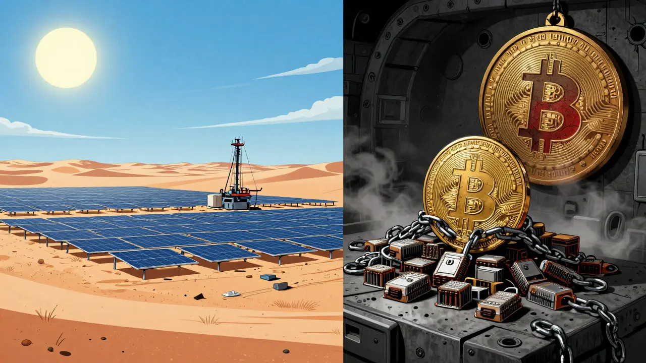 Split image: solar-powered mining in the Sahara vs. confiscated rigs in a dark bunker.