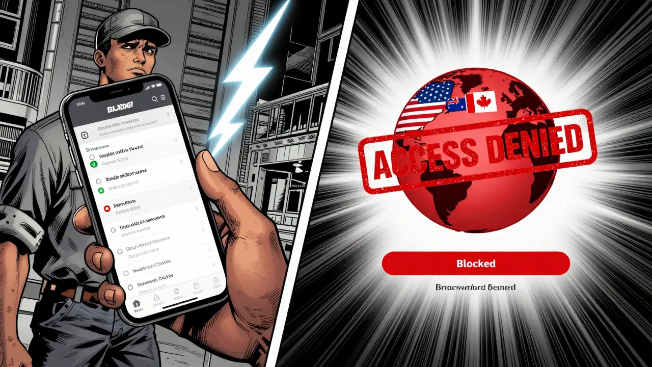 Split scene: a trader in Bangkok using Blade's app vs. a blocked access screen for users in the U.S., U.K., Canada, and Australia.