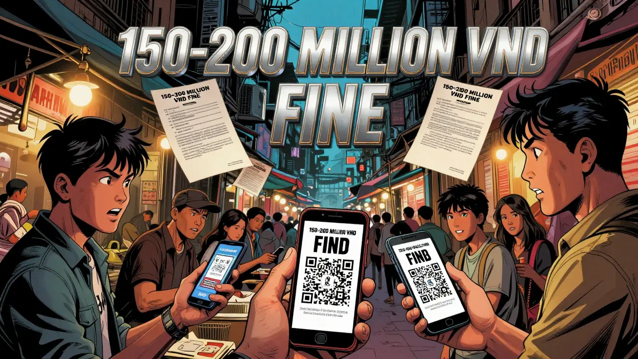 Street vendors secretly accept crypto payments as legal warnings float above them in a Vietnamese market.