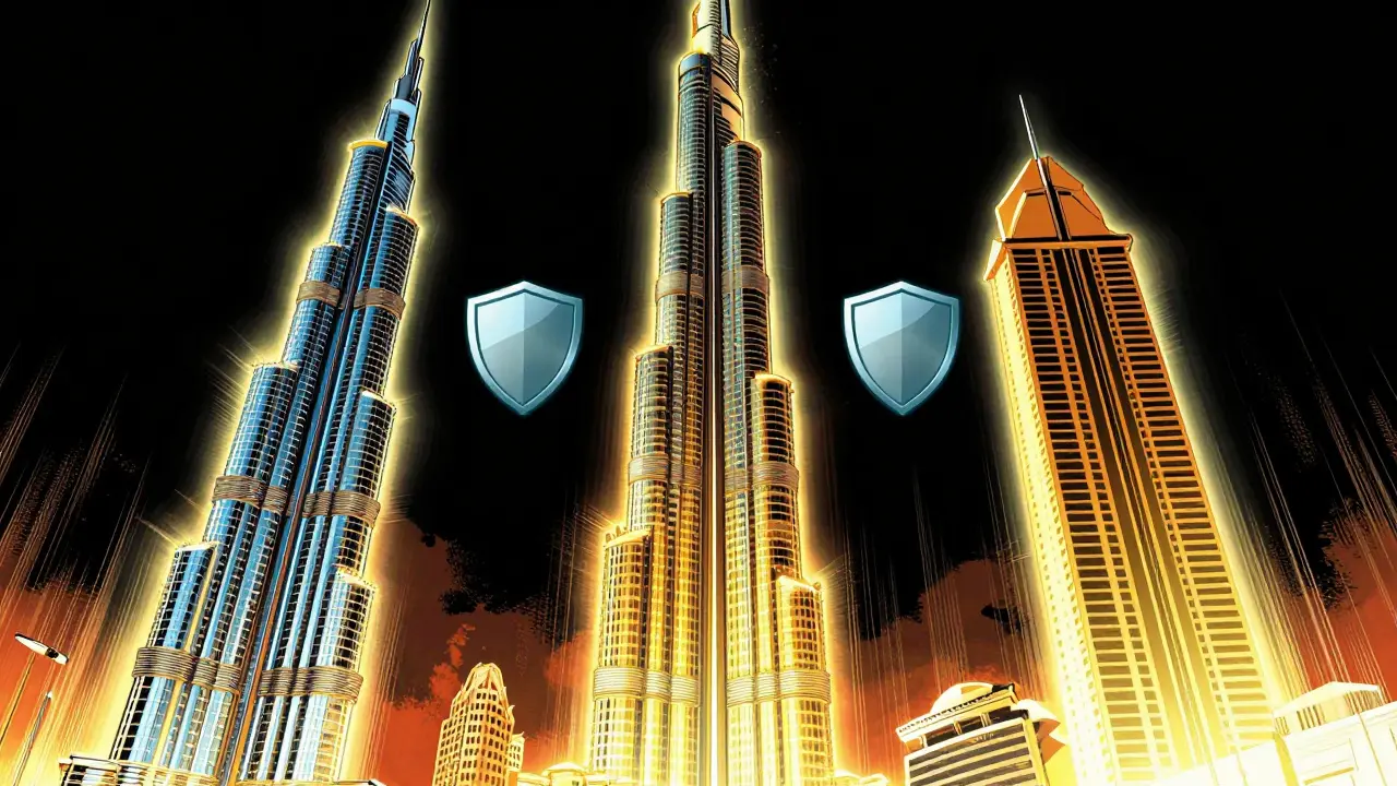 Three glowing pillars representing major crypto jurisdictions in art