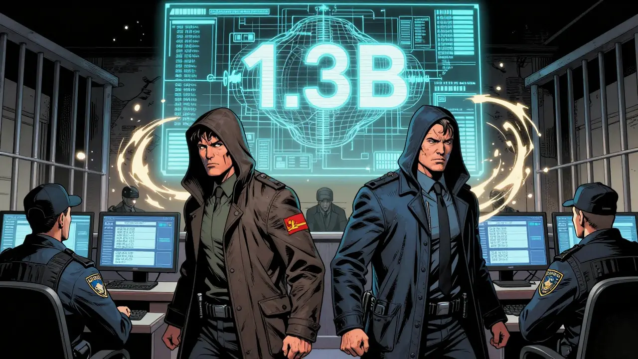 Two individuals being arrested in a courtroom as a hologram displays traced cryptocurrency transactions worth billions.