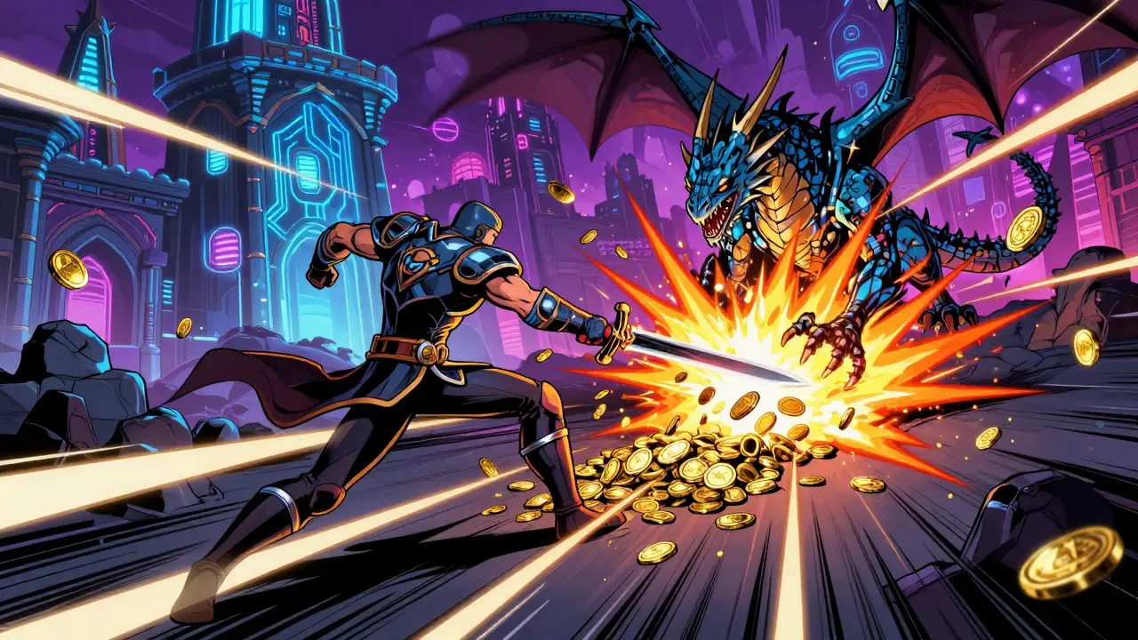 Warrior avatar battling a cyber-dragon dropping glowing coins in game.