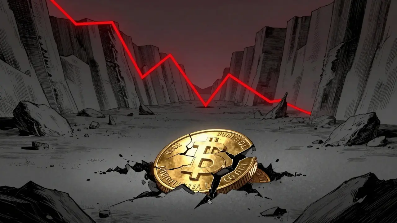 A cracked gold coin lying in a grey digital wasteland with a descending red graph.