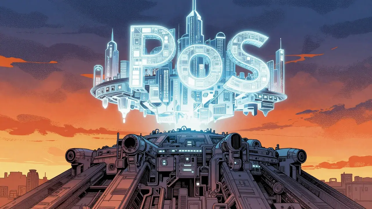 A futuristic city with a heavy industrial base supporting a floating city of light and data.