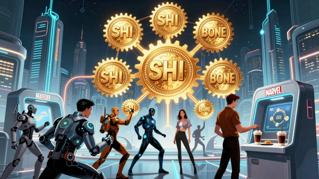 A futuristic digital city where characters use SHI coins for daily transactions.