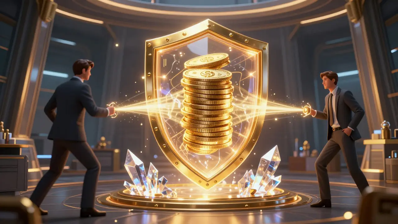 A glowing digital vault protecting holographic tokens between two trading parties.