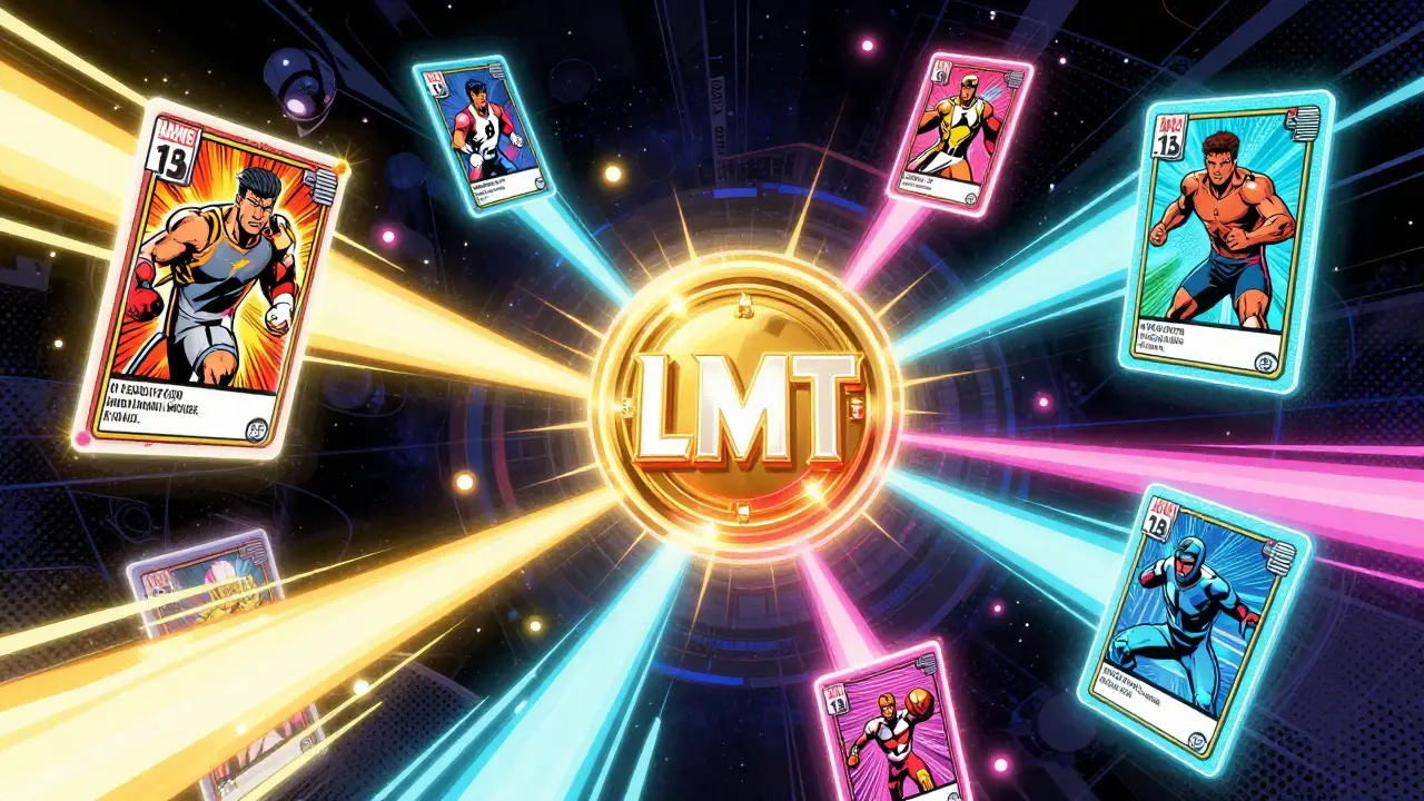 A glowing LMT token transforming into sports NFT cards in a cosmic setting