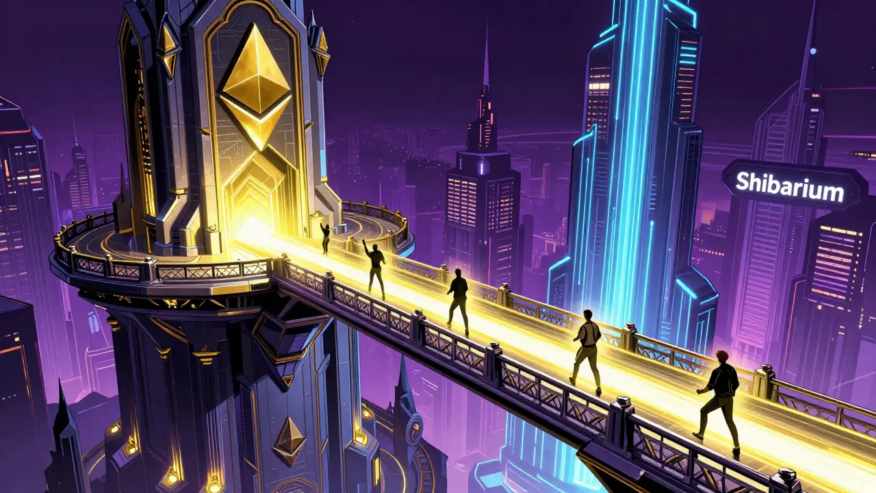 A high-tech energy bridge connecting the Ethereum citadel to the Shibarium metropolis.