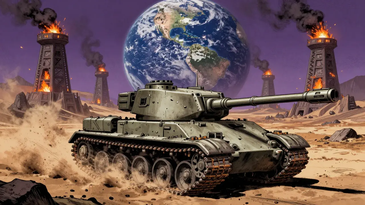 A massive armored tank standing before giant industrial Iron Forges on Earth Zero
