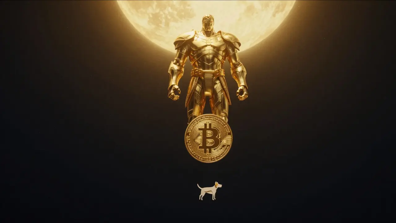 A tiny moon-dog token floating in a dark void far below a golden titan in comic style