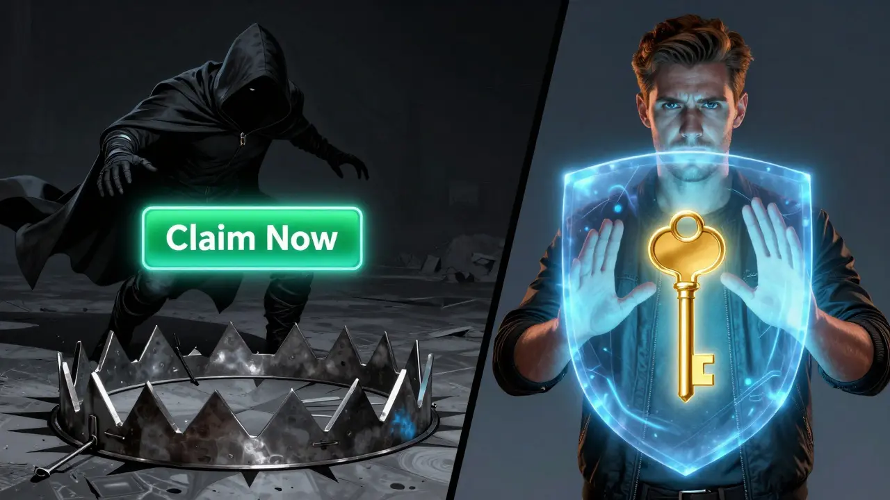 A user protecting a golden key from a shadowy scammer in comic book style