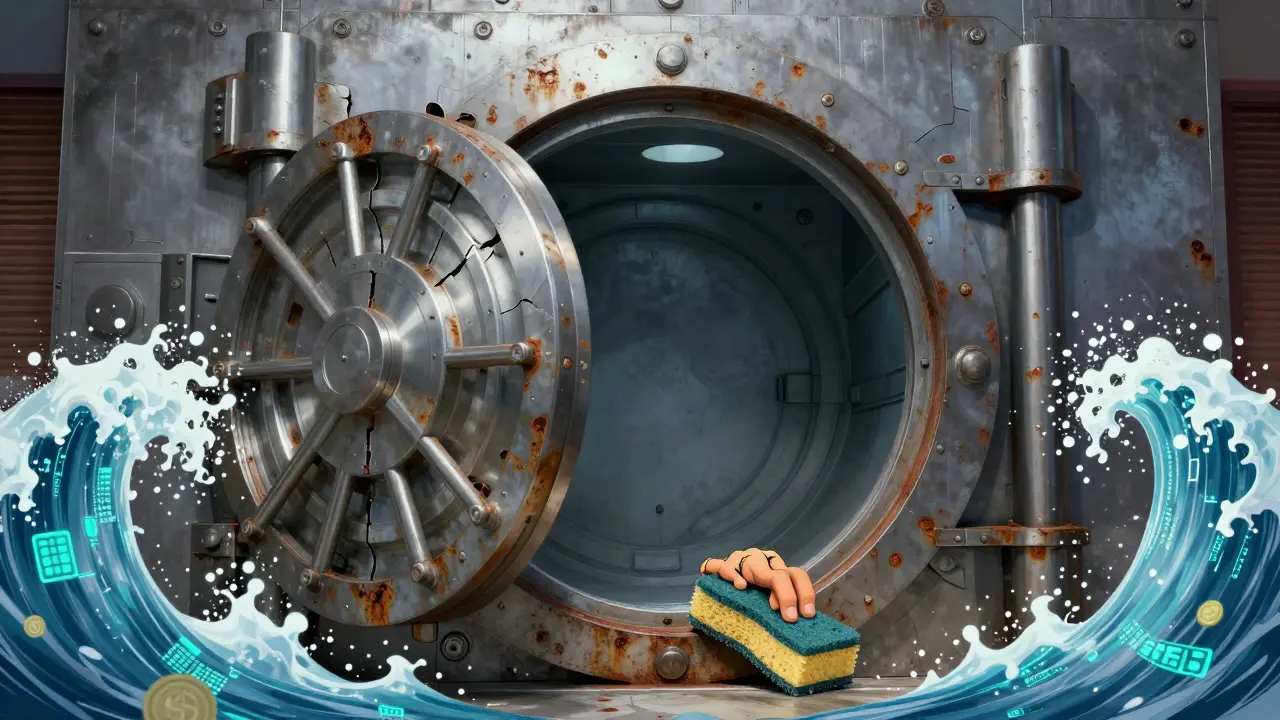 An empty steel vault with a wave of digital currency crashing against it.