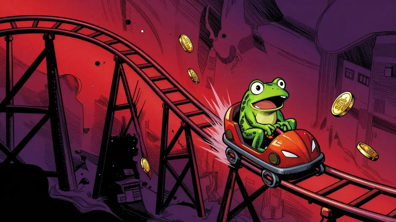 Anxious green frog riding a crashing price chart rollercoaster in a dramatic comic book style.