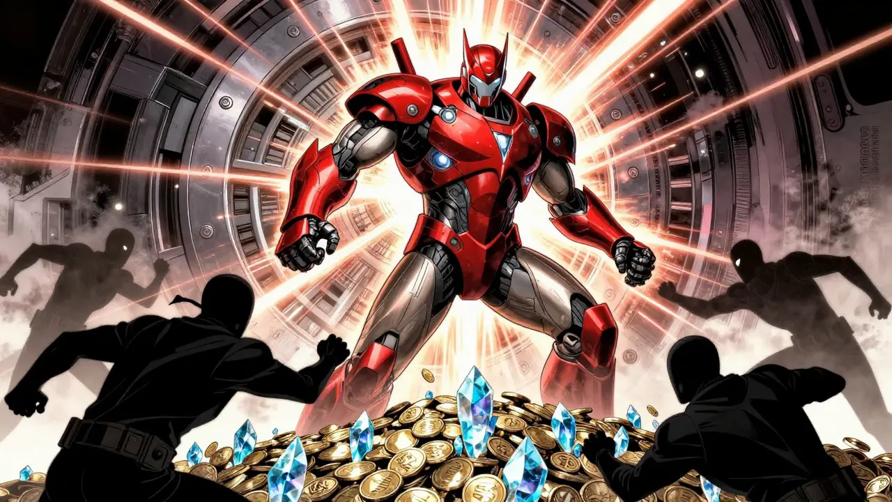 Armored robot guarding a vault of crystals against shadow figures in comic style.