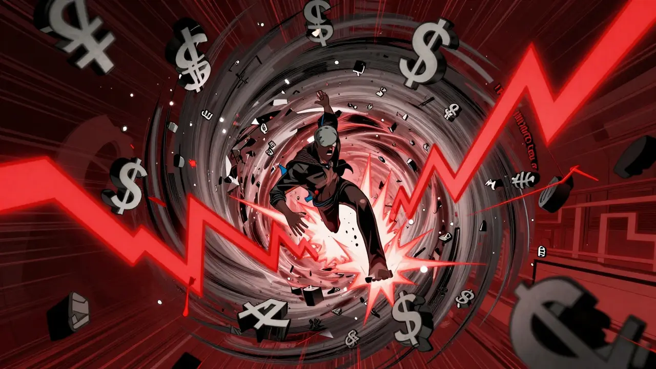 Character trapped in a red swirling vortex of falling price graphs in comic style