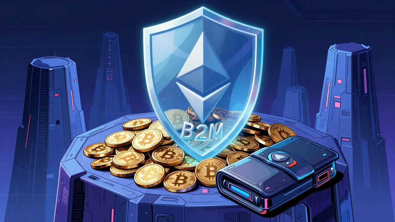 Comic art of B2M tokens protected inside a futuristic digital staking vault.