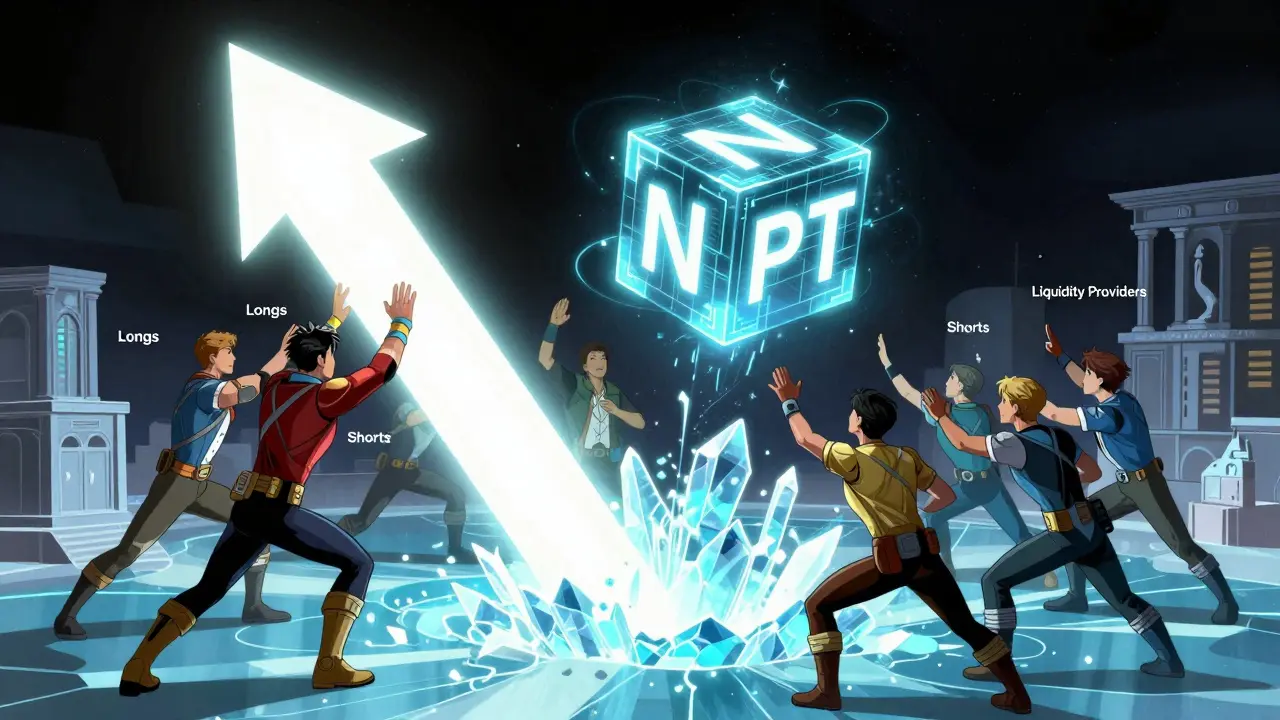 Comic art of traders and liquidity providers interacting with a glowing energy pool and NFT cube