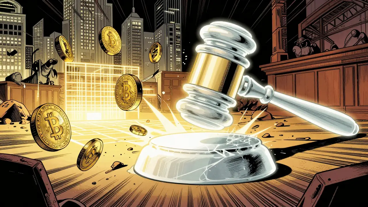 Comic book scene of a giant legal gavel striking a digital landscape to bring order.