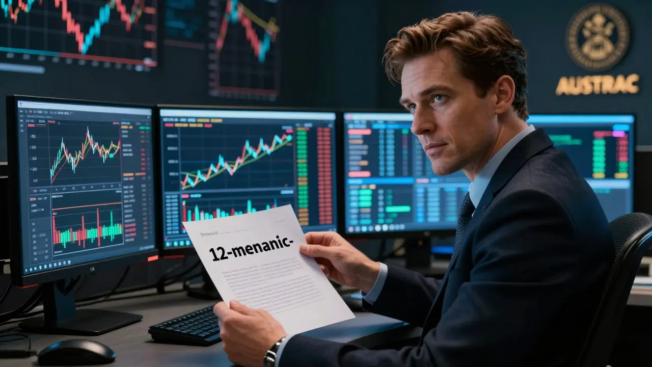 Comic book scene of a trader with holographic charts holding a secure recovery phrase.