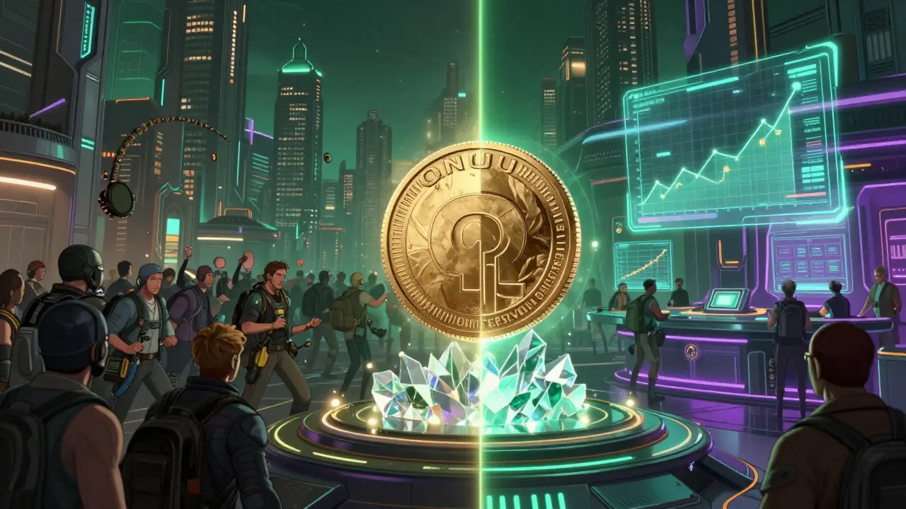 Comic book split-screen showing the evolution from an airdrop crowd to a high-tech trading hub