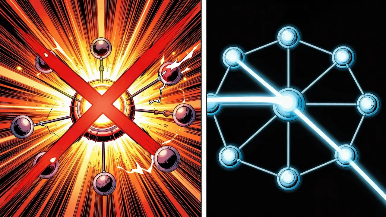 Comic illustration comparing a failing central hub network versus a resilient mesh network.