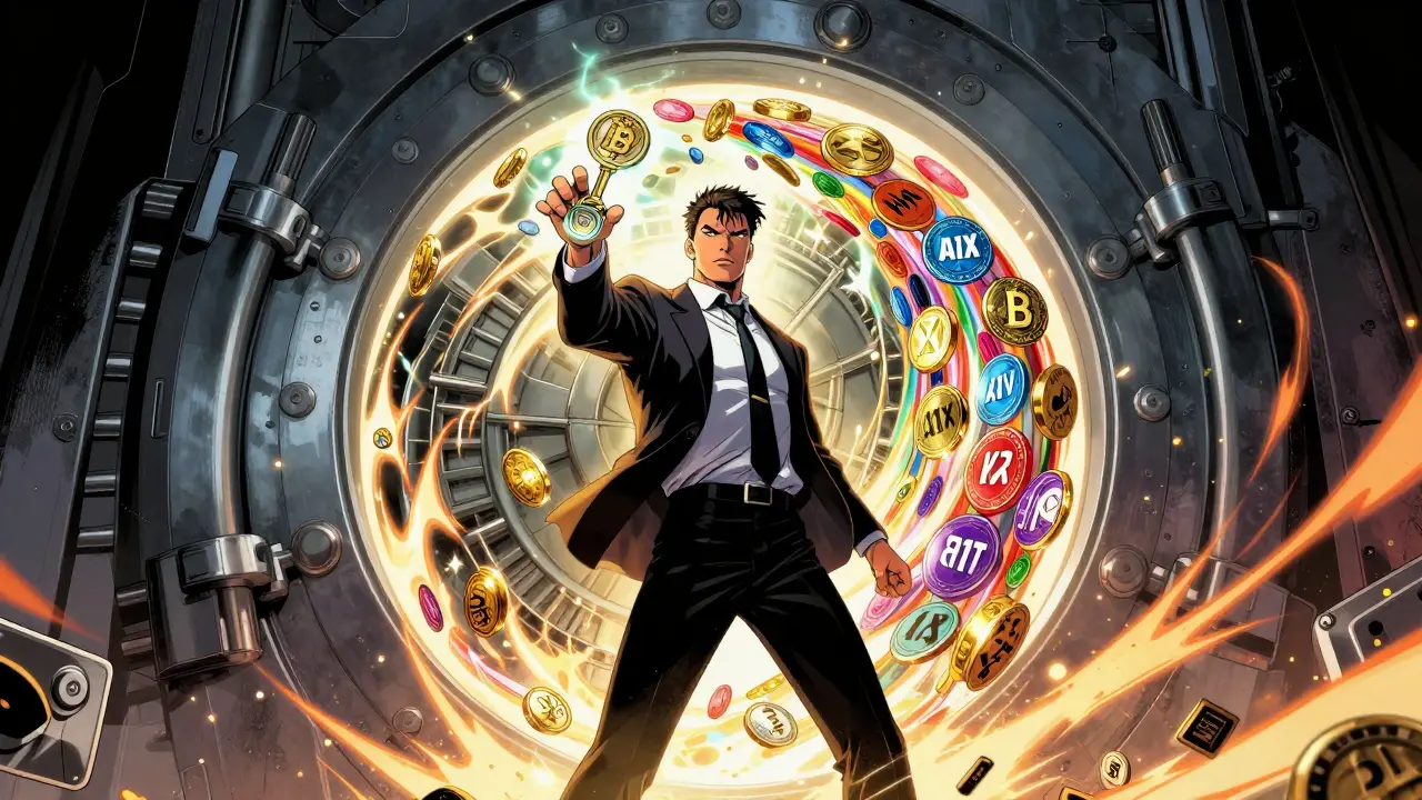 Comic illustration of a B2M token unlocking a portal to other crypto rewards.