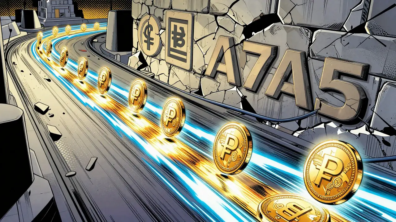 Comic illustration of a golden digital stream of tokens bypassing a financial wall.