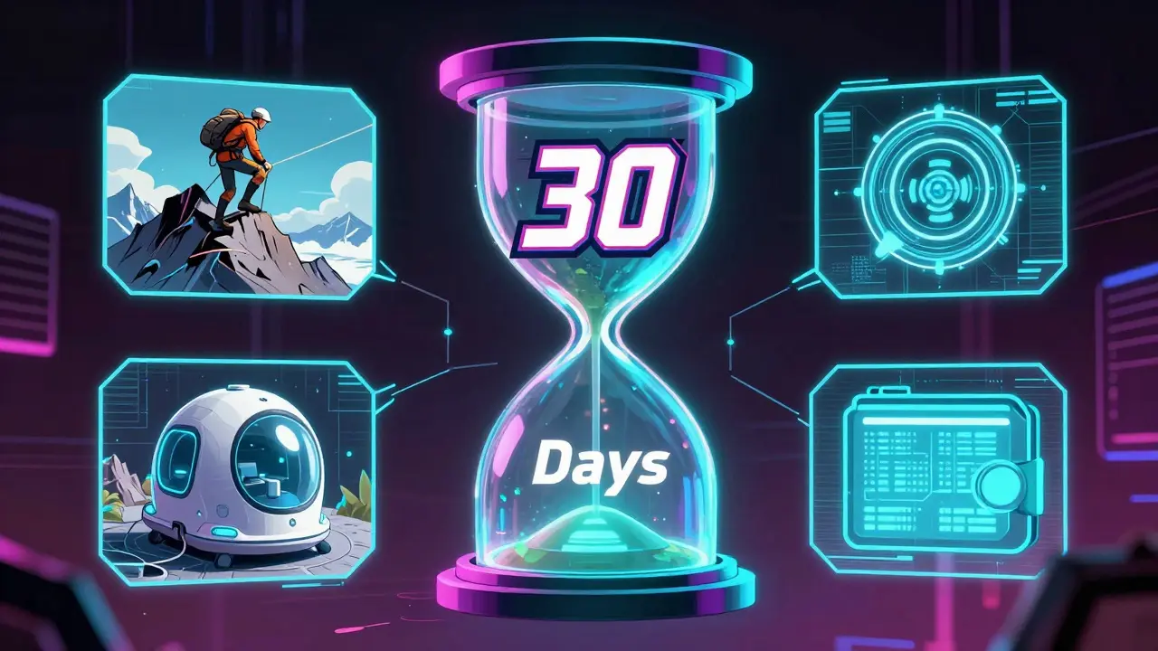 Comic illustration of a holographic hourglass and countdown timer for conditional access.