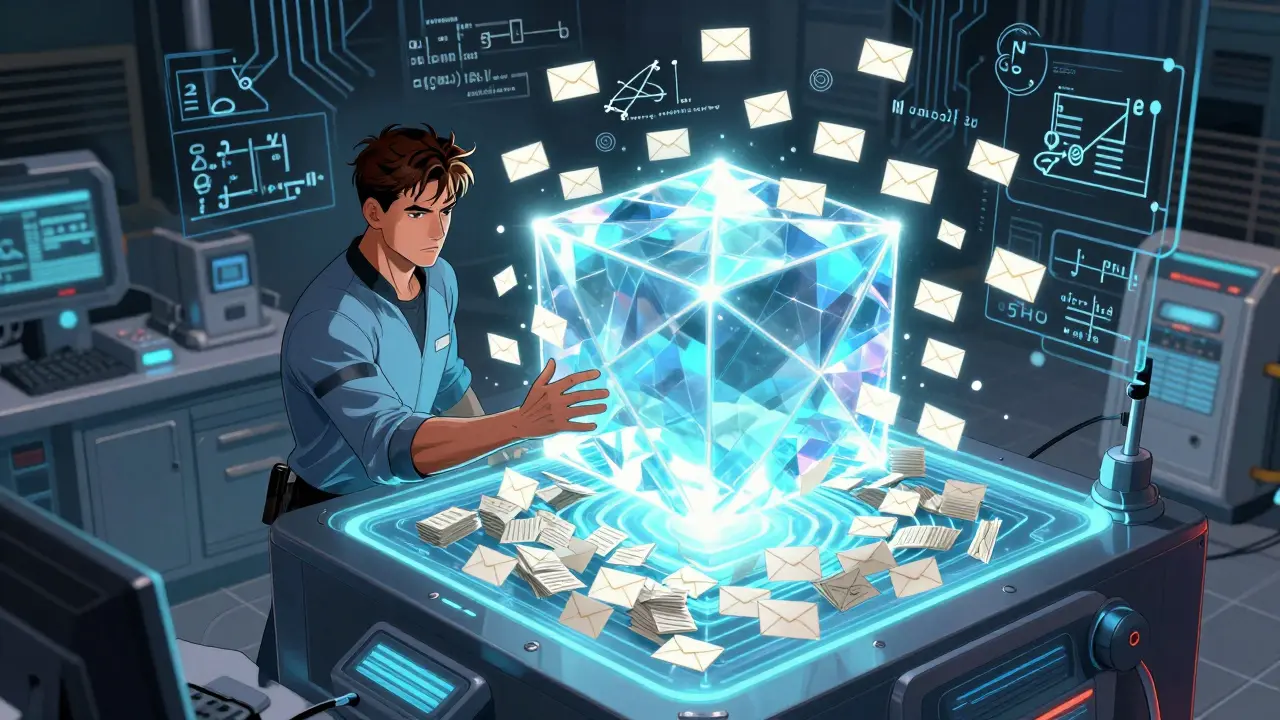 Comic illustration of a holographic machine compressing transactions into a crystalline proof