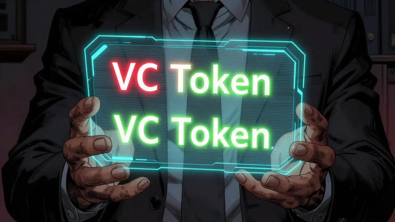 Comic illustration of a holographic screen showing volatile token price differences.