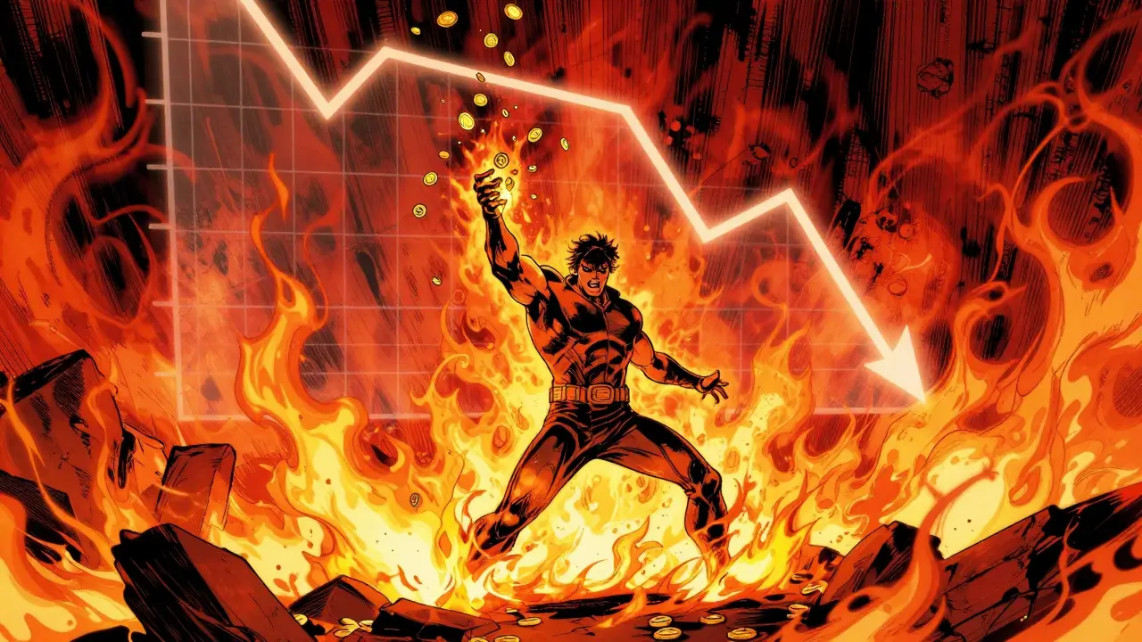 Comic illustration of gold tokens being thrown into a massive digital fire with a crashing price graph.
