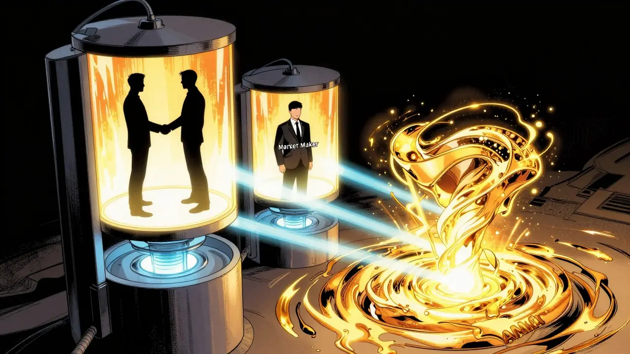 Comic illustration of the CORE architecture showing three layers of trade matching