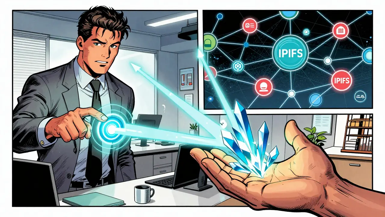 Comic scene of a person triggering a holographic release of encrypted data shards.