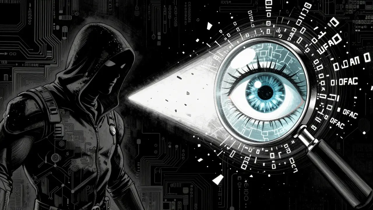 Comic scene showing a digital magnifying glass exposing a hidden network of cryptocurrency flows.