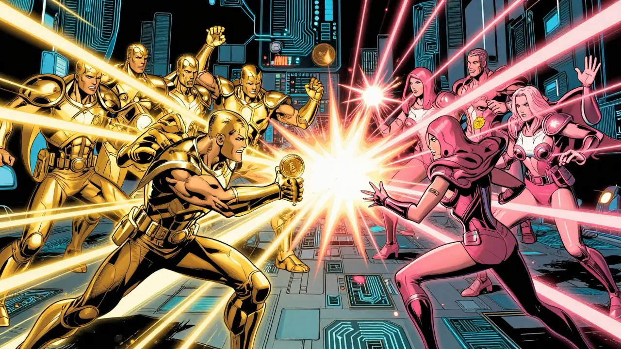 Comic style battle between gold and pink themed digital armies in a circuit board arena.