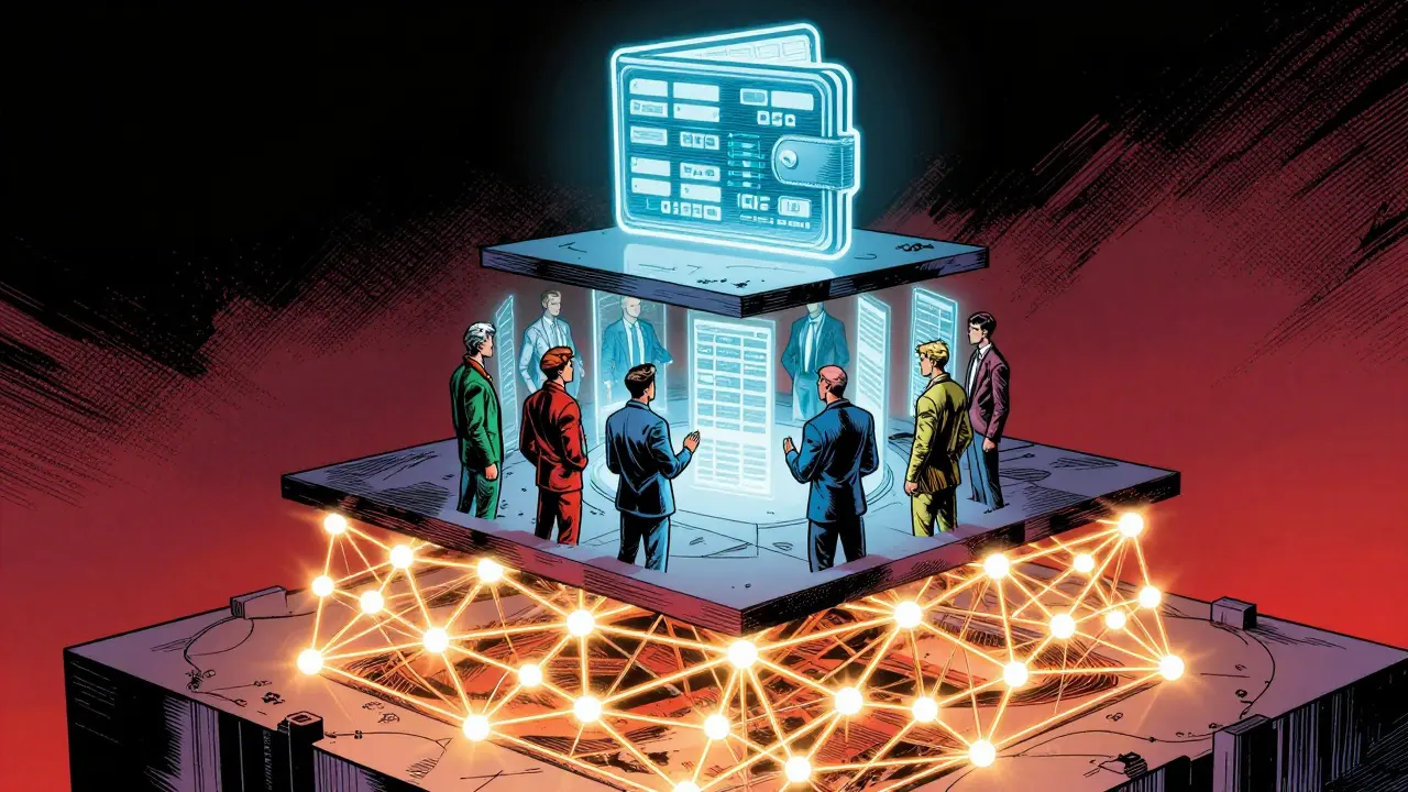 Comic style depiction of the three blockchain layers: network, consensus, and application.