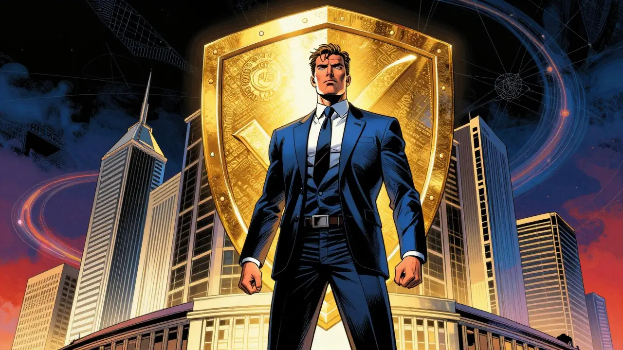 Confident business leader standing before a golden shield of regulatory approval