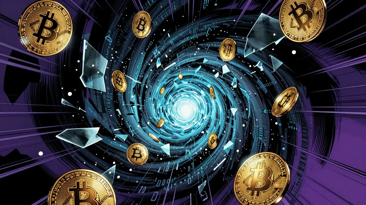 Digital coins being pulled into a dark, glitchy vortex of binary code.