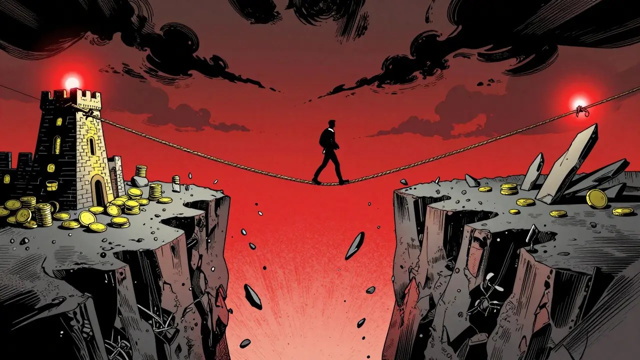 Figure walking on fraying rope above digital chasm with warning lights