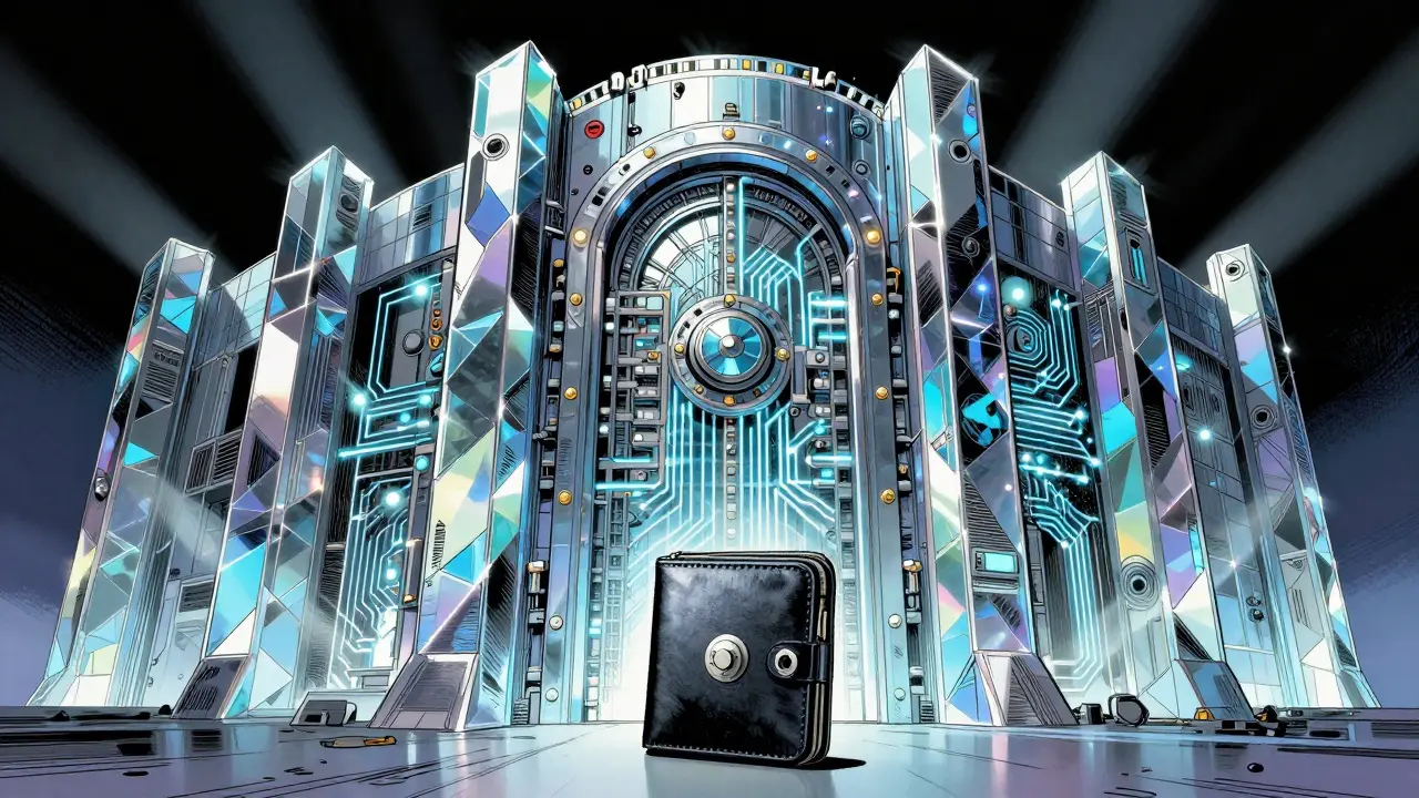 Futuristic digital fortress representing high-security cryptocurrency storage