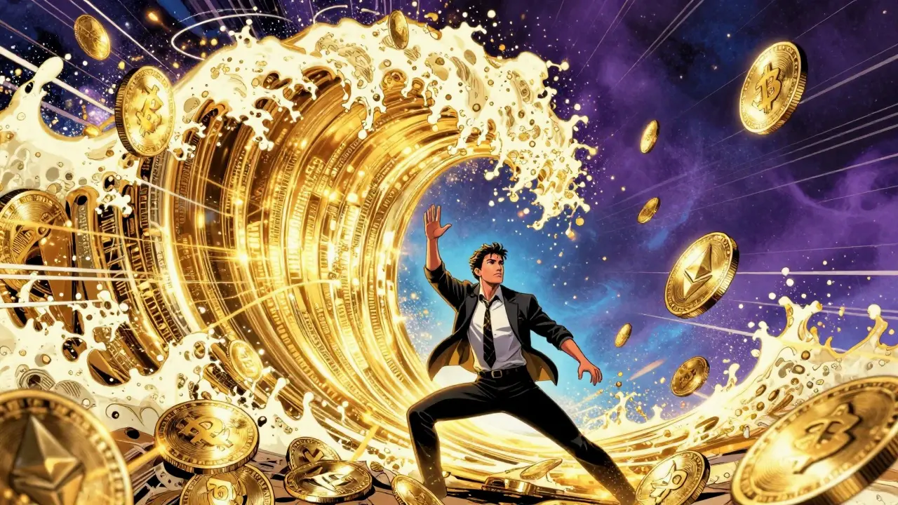 Golden wave of cryptocurrency coins symbolizing high market liquidity