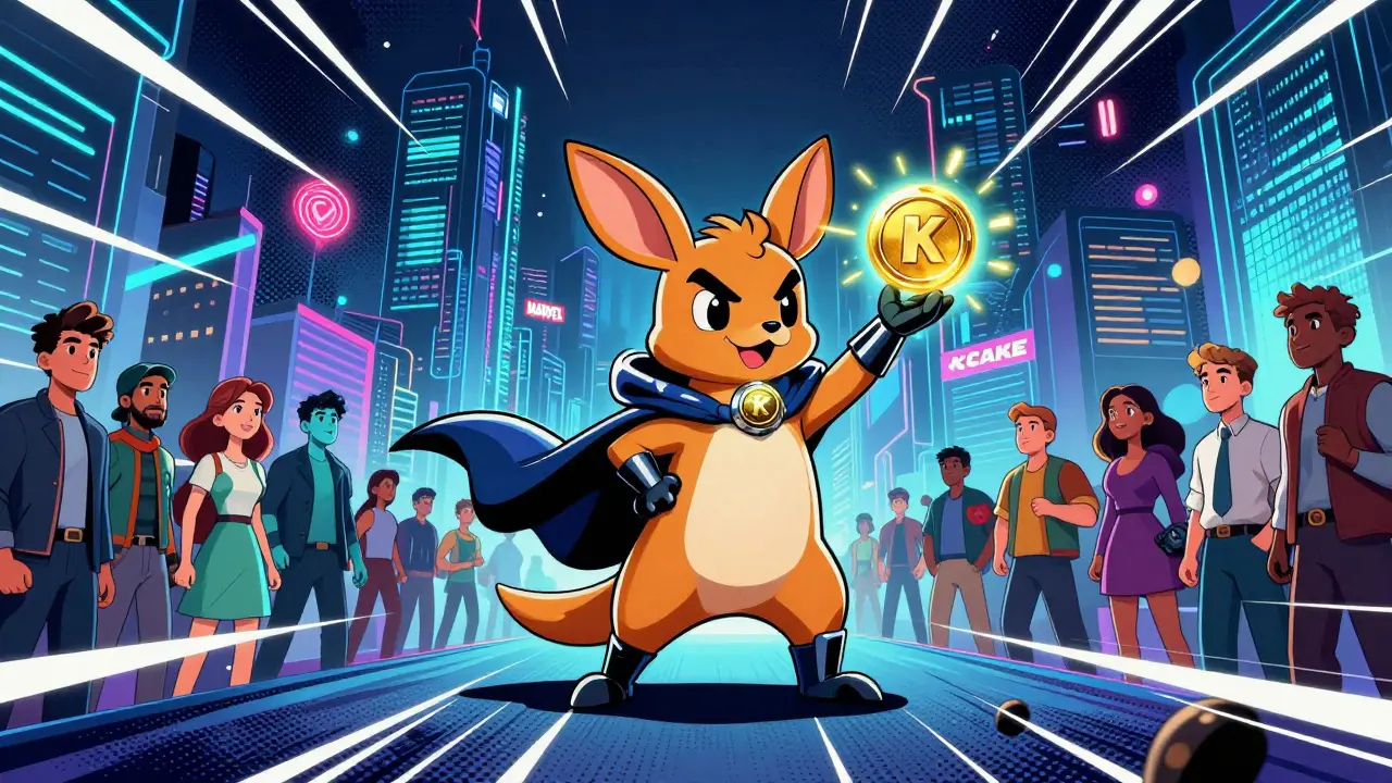 Heroic kangaroo distributing tokens to a digital community in Marvel comic style