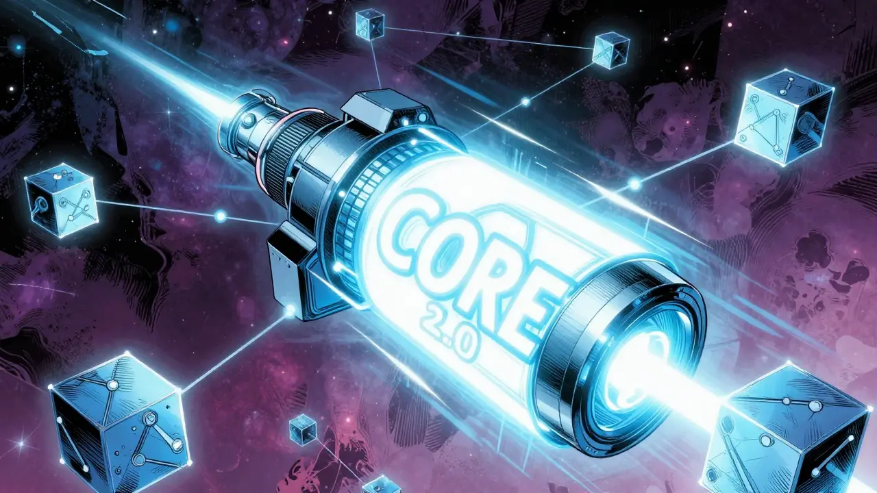 Marvel style artwork of the CORE 2.0 engine glowing with energy and blockchain nodes