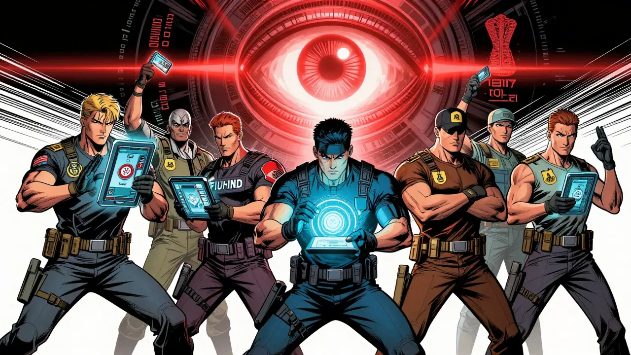 Marvel style depiction of government agencies and an AI eye monitoring a crypto miner