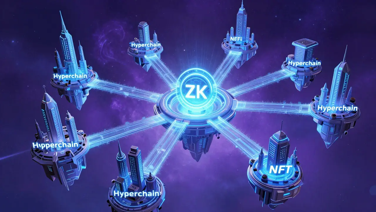 Marvel style depiction of interconnected digital cities linked by blue energy bridges